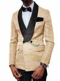 thorndike Champange Jacquard Suit Slim Fit Double Breasted Wedding Suits For Men Formal Prom Suits Tuxedo 2 Pcs Blazer Pant Sets x4Rb#