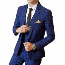 wedding suit men Slim Fit Plaid Suit 3pc set Male Groom Blazers Pants Man Formal Busin Work Wear Dr Suits Asian size W644#