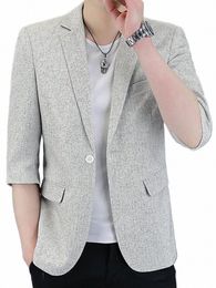 summer Men Blazer Seven-point Sleeve Single Butt Solid Color Coat 2023 Korean Slim Tops Fi Busin Casual Suit Jacket a0ZW#