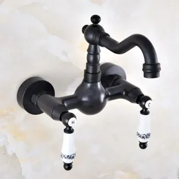 Bathroom Sink Faucets Black Oil Rubbed Brass 360 Swivel Spout Basin Faucet Dual Handle Hole Kitchen Cold Water Mixer Tap Dnf859