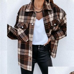 Women'S Blouses & Shirts Women Tops Cheque Fleece Casual Fashion Loose Shacket Top Shirt Tunic Oversize Baggy Youth Lady Autumn Winter Dhzk1