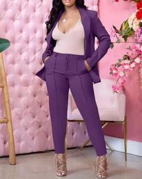 Women Outfit Solid Colour Blazers Suit Collar Large Lapel Stretched Lady Office High Waist Pencil Pants Two Piece Sets 240327