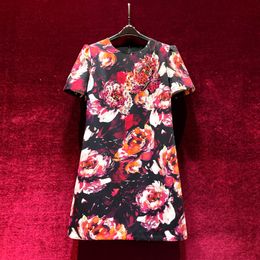 2024 Spring Red Floral Print Dress Short Sleeve Round Neck RhinestoneKnee-Length Casual Dresses X4M2612306
