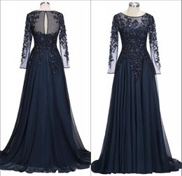Navy Blue Sheer Long Sleeves Chiffon Mother Of The Bride Dresses Beaded Stones Floor Length Formal Party Evening Dresses BA91354706554