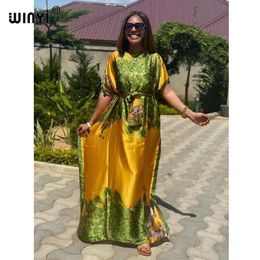 WINYI elegant Ramadan Graphic Print Crew Neck Kaftan maxi Abaya Modest Short Sleeve Maxi Dress for Women party dress with belt 240323