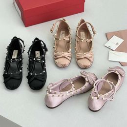 Dongguan Production Channel Ceiling Korean Satin Flat Bottomed Ballet with Bow Rivets Mary Jane Single Shoes