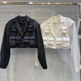 Women's Jackets 2024 Spring Short White Jacket For Women Multi-Pocket Decorative Drawstring Workwear Suit Collar Coat