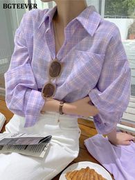 BGTEEVER Casual Singlebreasted Loose Women Shirts Summer Turndown Collar Long Sleeve Pocket Female Plaid Blouses Tops 240327