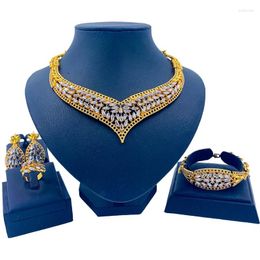 Necklace Earrings Set Dubai Fashion Gold 24k Plated Crystal Bracelet Ring For Women's Wedding Gift