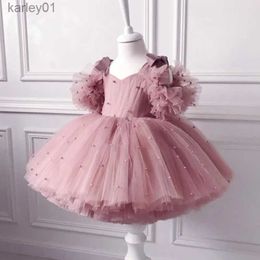 Girl's Dresses 0-5Y baby girl dress baby dress christening dress pearl mesh princess dress tutu bow birthday party dress baby girl dress yq240327