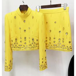 Work Dresses JAMERARY Fashion Runway Yellow Bead Diamond 2pcs Set Women Coat Tops Back Zipper And Mini Short Skirts Suits