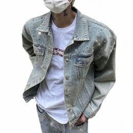 autumn Winter Hot Diamd Denim Jackets Overcoat Fi Couple Lapel Casual Loose High Street Niche Jacket Male Clothes S0HN#