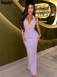 Casual Dresses 2024 Spring Women Sleeveless Off Shoulder Maxi Long Night Club Party Elegant Glitter Evening Sexy Backless Dress