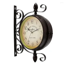 Wall Clocks 8 Inch Antique-Look Hanging Double Sided Clock Retro Station Round Chandelier Scroll Mount Home Decor