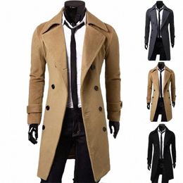 autumn Winter Men Lg Trench Coat Double-breasted Solid Color Simple Mid-Length Windproof Thick British Fi Slim Jacket y7Vd#