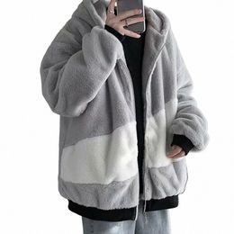 men Jacket Ctrast Colour Plush Zipper Lg Sleeve Loose Hip Hop Ribbed Cuff Teddy Bear Hoodie Sweatshirt Coat for Outdoor Tops D5SK#