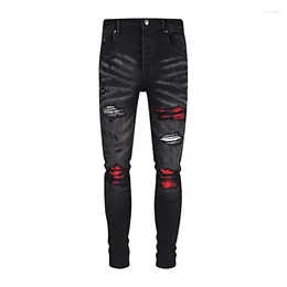Men's Jeans AM Fashion Brand Streetwear Black Pleated Red Patch Slim Fit For Men Korean Embroidery Denim Pencil Pants