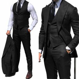 black Classic Men Suit 3 Pieces Tuxedo Peak Lapel Groomsmen Wedding Suits Set Fi Men Busin Blazer Jacket+Pants+Vest b9HI#