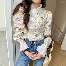 Women's Blouses For Women Fashion 2024 Chic Blusas Mujer De Moda Sweet Blouse High Neck Ruffle Floral Print Flared Sleeve Shirts Top