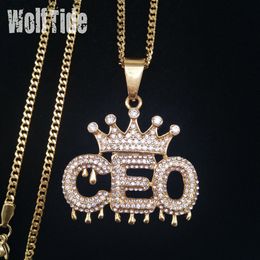 Mens Crown CEO Initial Letters Pedant Cuban Chain Necklace Stainless Steel Personalised Gold Diamond Bling Diamond Hip Hop Jewelry255m