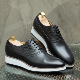 Casual Shoes Men's Leather Lace-up Platform Soles Increase Embossed Brown Black Pointed For Men