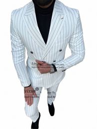 fi Stripe Men Suits Double Breasted Groom Wedding Tuxedos 2 Pieces Sets Bridegroom Blazers Slim Costume Homme Jacket+Pants U3qB#