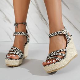 Sandals Ladies Printed Slope Heel One Buckle Strap Fish Mouth Straw Bottom Leather Thick Sole Shoes Woman 2024 Trend