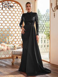 Urban Sexy Dresses Missord Women Black Sequin Party Dress Elegant Long Sleeve Stand Neck Draped Bodycon Evening Prom Gown yq240327