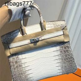 Handbag Genuine Leather Bk Luxurys 2024 C-class Women's Made of French Himalayan Crocodile Skin Handmade Bk25cm Silver Button