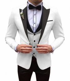 mens White Suits Slim Fit 3 Pieces Busin Jacket Tuxedos Blazer gentleman for Wedding Groom Prom Evening Party School u24V#