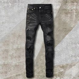 Men's Jeans Retro Paint Skinny Men Black Hombre Patch Biker Streetwear Ripped Holes Denim Pant Stretch Jean Tapered Trouser Homme