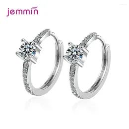 Hoop Earrings Simple Round Silver For Women Real 925 Sterling Cubic Zircon Jewellery Wedding Engagemnet Gift