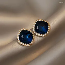 Stud Earrings Net Red Temperament Square Blue Crystal French Retro Port Style Delicate Light Luxury