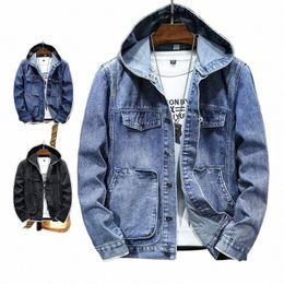 men's Hooded Denim Jackets Spring Autumn Butts New Loose Single-breasted Lg Sleeves Pockets Cowboy Casual Jacket Tops k0d9#