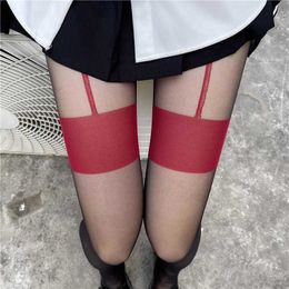 2022 New Fake Strap Silk Socks with Red Edged Socks Sexy Open Crotch No Take Off Pantyhose Womens Ultra Thin Red One Piece Socks