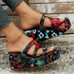 Slippers Women Wedge Peep Toe Chunky Platform Shoes Woman Summer Bohemian Style Print Thick Bottom Gladiator Plus Size 35-43