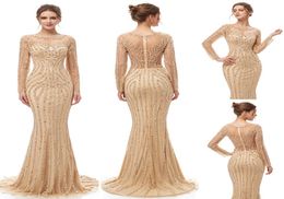 2019 Elegant Champagne Luxury Beaded crystal Mermaid Evening Dresses yousef aljasmi Robe De Soiree sheer tulle neck arabic Prom Fo2352442