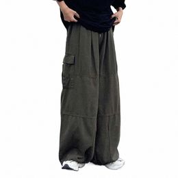 trendy Cargo Pants Four Seass Men Pants Elastic Waist Drawcord Leg Ong Pants Streetwear l7u6#