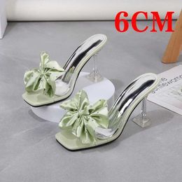 Slippers Slippers Fasion Transparent Pointed Toes Sandals Elegant Bounce Back Crystal Womens Party Pump Soes 2024 Bow eels 34 H240326JFP0