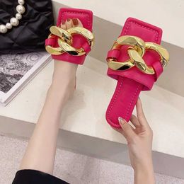 Slippers Slippers Green Brand Fasion Womens Slide Summer New Metal Kane Square Head Flat Beach Flip Cover Smooth Block H240326LUGB