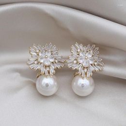 Dangle Earrings Korea Fashion Jewelry 14K Gold Plated Luxury Flower Zircon Pearl Pendant Elegant Women's Evening Party Accessories