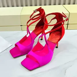 2024 New Fashion Elegant High Heel Sandals Summer Satin Material Appear Whitening Banquet Women's Pumps Unique Upper Design Square Head Female Sandals