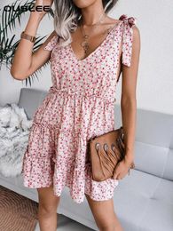 Party Dresses OUSLEE-Women's Chiffon Beach Dress Vacation Style Casual Bandage V-Neck Floral Summer Fashion 2024