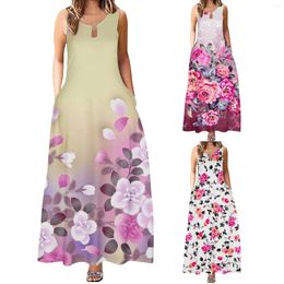 Casual Dresses 2024 Women'S Summer Dress Outfits Sleeveless Floral Print Crew Neck Maxi Boho Beach Long Sundress With Pockets