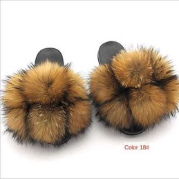 Slippers Slippers Fluffy Raccoon Fur Slide Soes Womens Fox Flip Flat Outdoor Sandals Amazing Drop Sip H2403261GAG