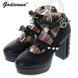 Dress Shoes Japanese Style Mary Janes Spring And Autumn Pointed-Toe Bowknot Lace Rhinestone High Heel Pumps Women Platforms