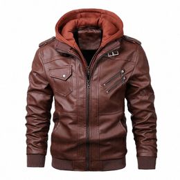 leather Jackets For Men Casual Cowhide PU Leather Hooded Autumn Winter Coats Male Warm Vintage Motorcycle Punk Overcoats R1Wa#