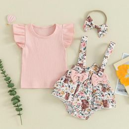 Clothing Sets Baby Girl Summer Clothes 0 3 6 9 12 18 Months Short Sleeve T-shirt Flower Cow Print Suspender Shorts Western Outfit