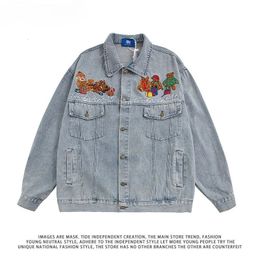 Original Retro Cartoon Bear Embroidery Mens and Womens American Jacket Autumn Loose Denim Fashion Brand men jacket 240321