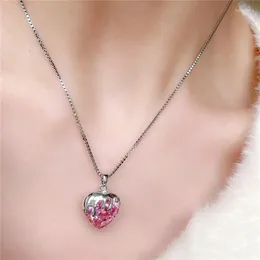 Chains Korean Trend Lava Three-dimensional Heart-shaped Pink Crystal Necklace 925 Sterling Silver Hypoallergenic Pendant Clavicle Chain